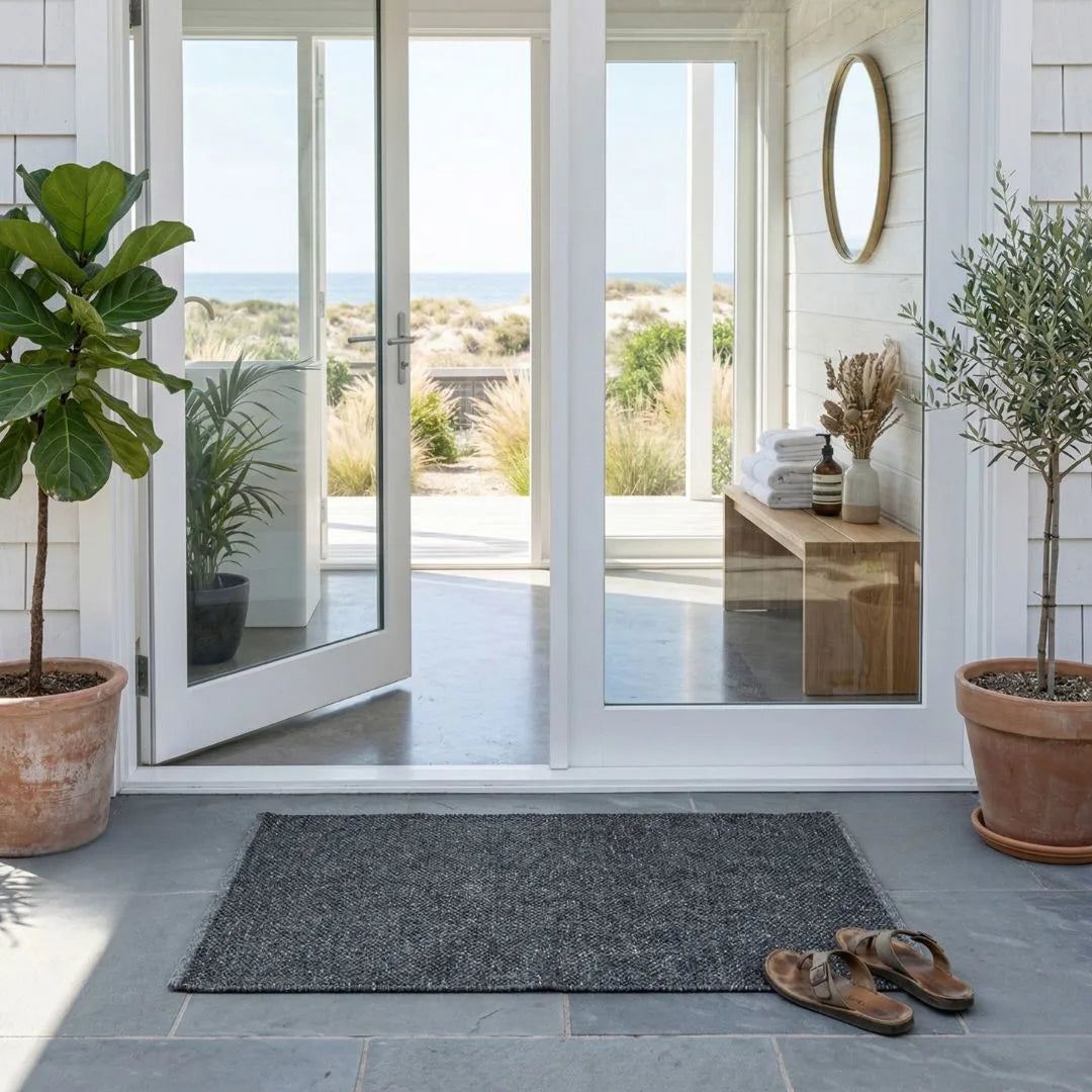 Modern exterior with sliding glass door leading to outdoor patio, plants, and a eco doormat.