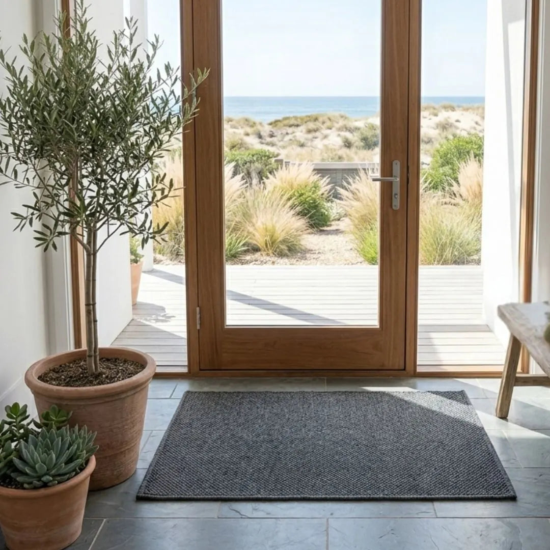 Modern interior with a view of the ocean through a large glass door, featuring potted plants and a textured rug.