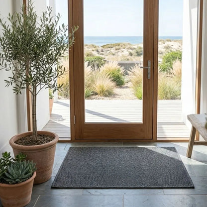 Modern interior with a view of the ocean through a large glass door, featuring potted plants and a textured rug.