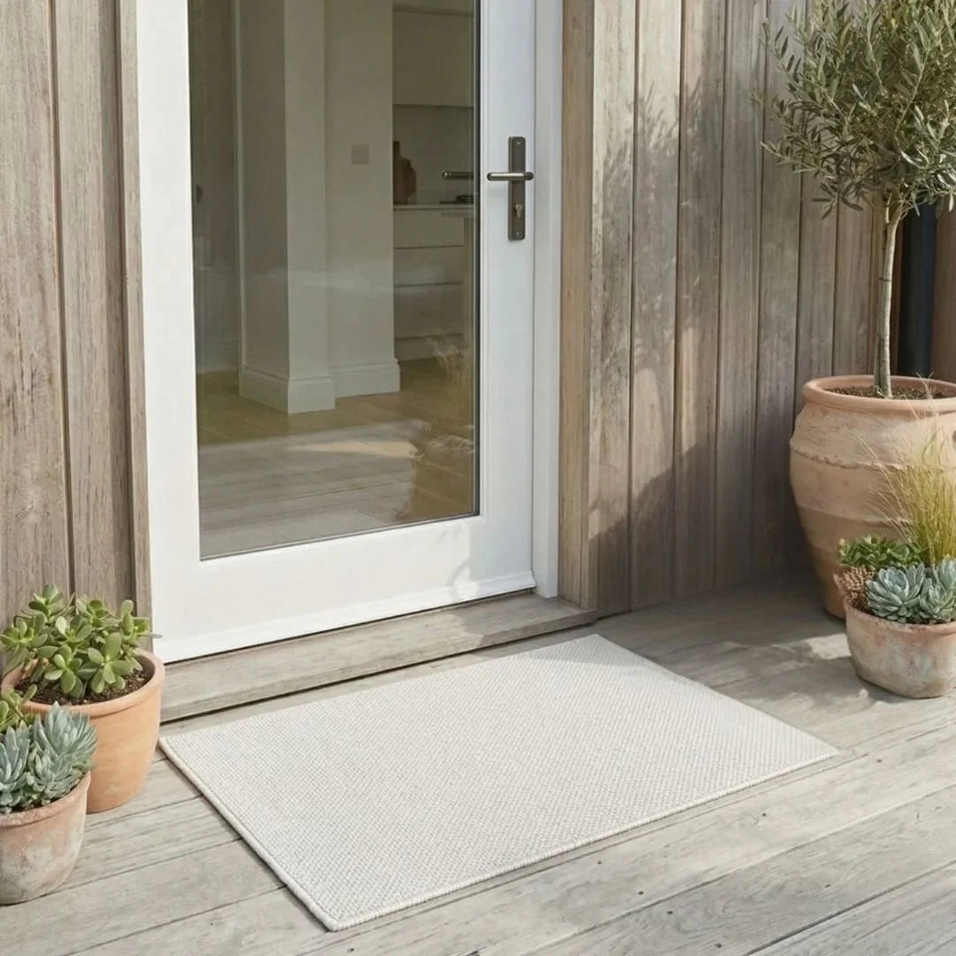 White doormat on a wooden deck with potted plants and a glass door.