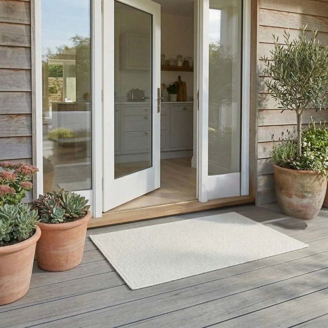 Open glass doors leading to a kitchen with potted plants on a wooden deck.