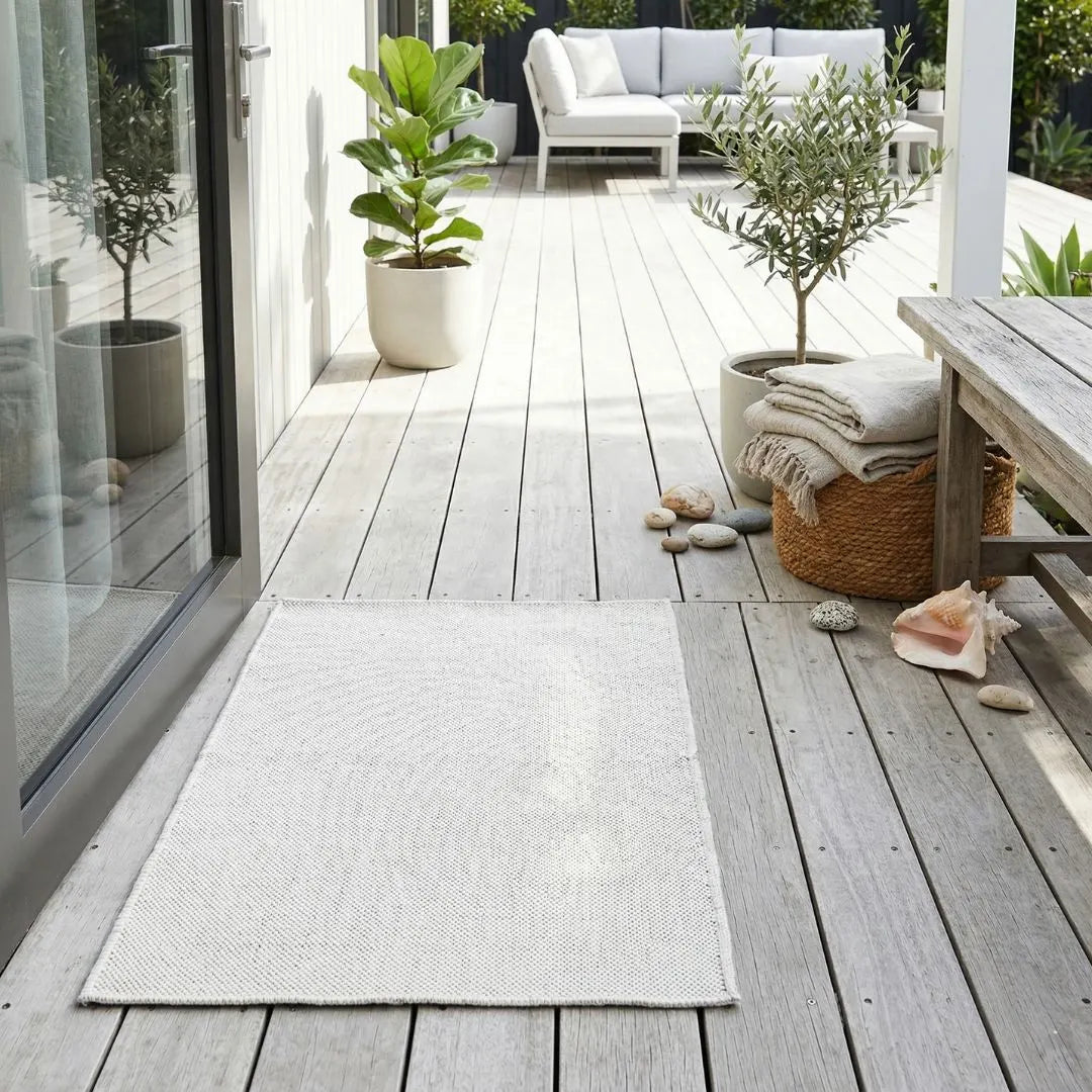 Outdoor patio with wooden deck, rug, plants, and seating area.