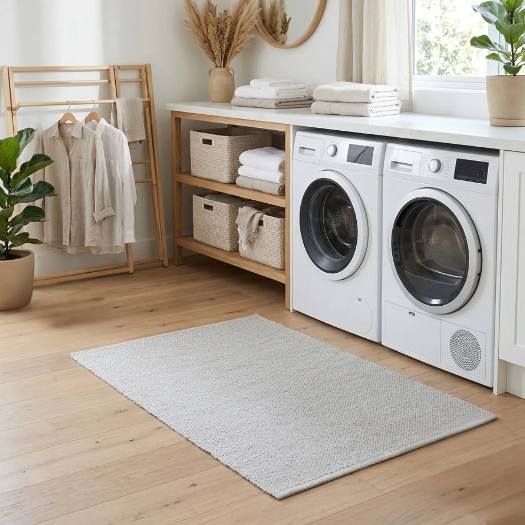 Modern laundry room with washing machine, dryer, and wooden shelves.