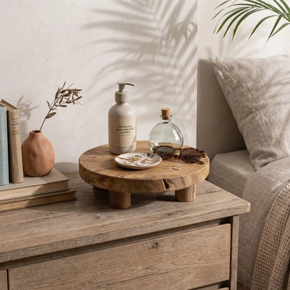 A round wooden tray table stand holding a beige lotion bottle, a small glass bottle, sunglasses, and a dish of jewelry, styled on a rustic wooden nightstand in a bedroom setting.