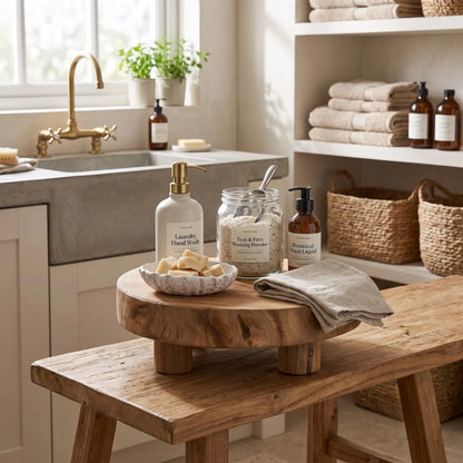 A styled laundry room scene with a round wooden stool holding a small dish of soap bars, a white pump bottle labeled Laundry Hand Wash, a clear jar labeled Towels & Iron Storage, and a brown bottle labeled Rinsed Tank Laundry. Shelves in the background hold folded towels, bottles, and woven baskets near a sink and brass faucet.