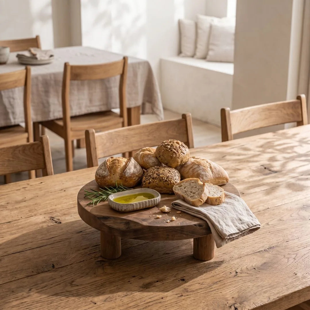 A round wooden bread stand on legs holding several rustic loaves of bread, sliced bread, a small dish of olive oil, and a folded cloth, set on a wooden dining table in a warm, sunlit room.