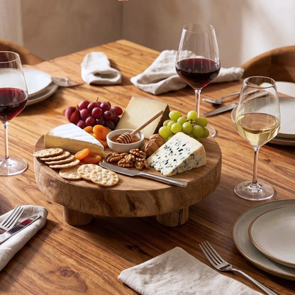 A round wooden charcuterie board styled on a dining table with cheese, crackers, nuts, grapes, and wine glasses around it.
