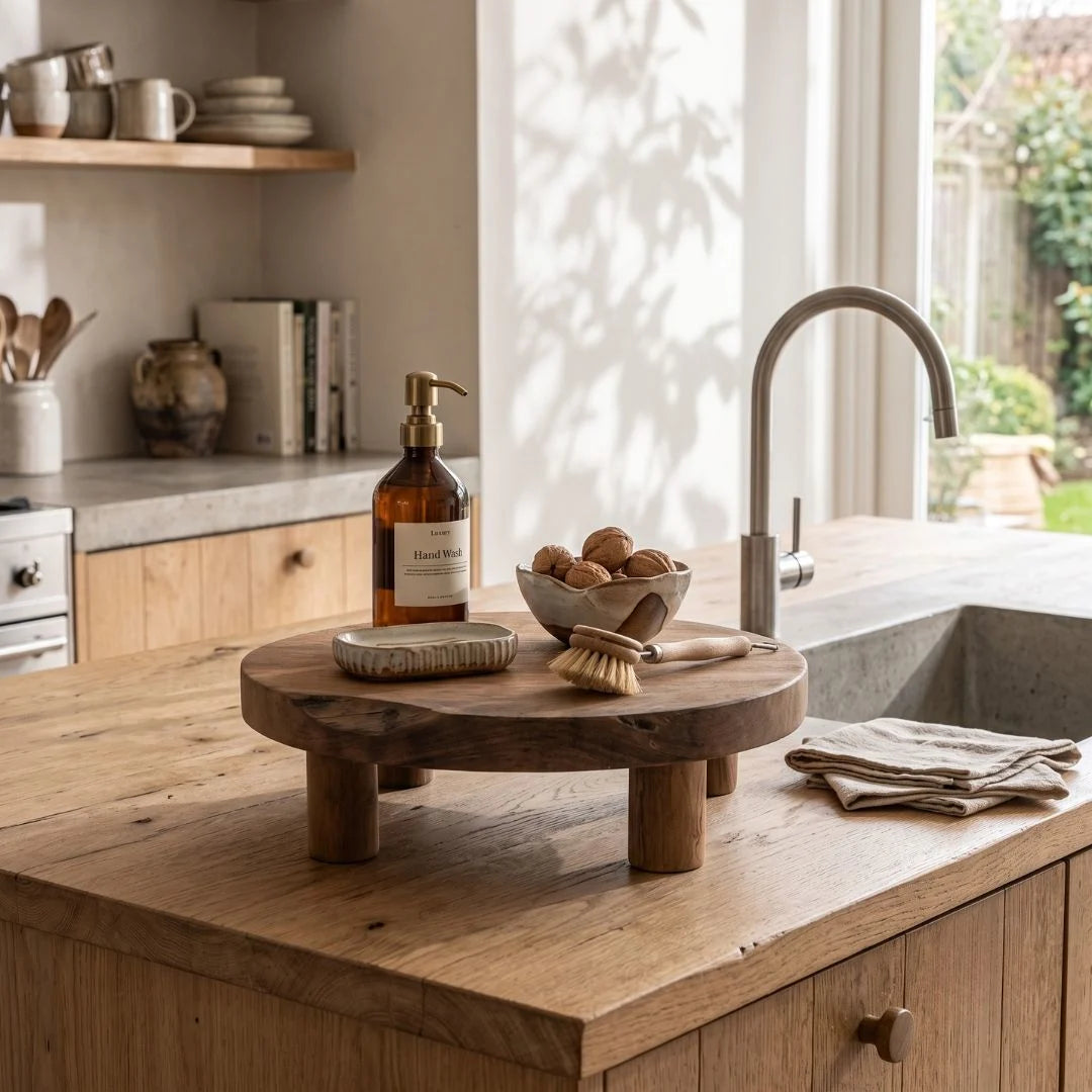 A round wooden island table with four legs stands on a kitchen counter, styled with a brown pump bottle, a small bowl of dates, a brush, and a dishcloth near a sink and faucet.