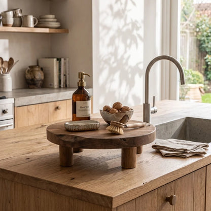 A round wooden island table with four legs stands on a kitchen counter, styled with a brown pump bottle, a small bowl of dates, a brush, and a dishcloth near a sink and faucet.