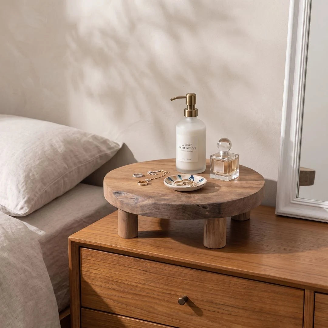 A round wooden nightstand with chunky legs sits beside a bed, styled with a white pump bottle, a small glass perfume bottle, jewelry, and a dish on top. The scene is lit by warm natural light with soft shadows on a beige wall.