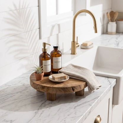 A round wooden elevated tray on a white marble kitchen counter, holding amber soap bottles, a small potted plant, a folded beige towel, and a bar of soap on a dish. A white sink, gold faucet, and tiled wall are in the background.