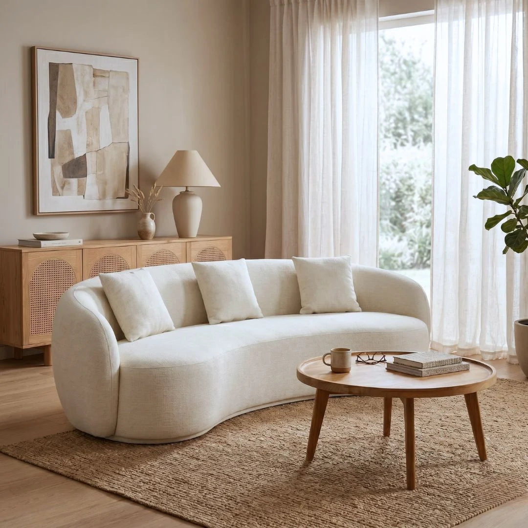 Modern living room with a white sofa, wooden coffee table, and large windows.