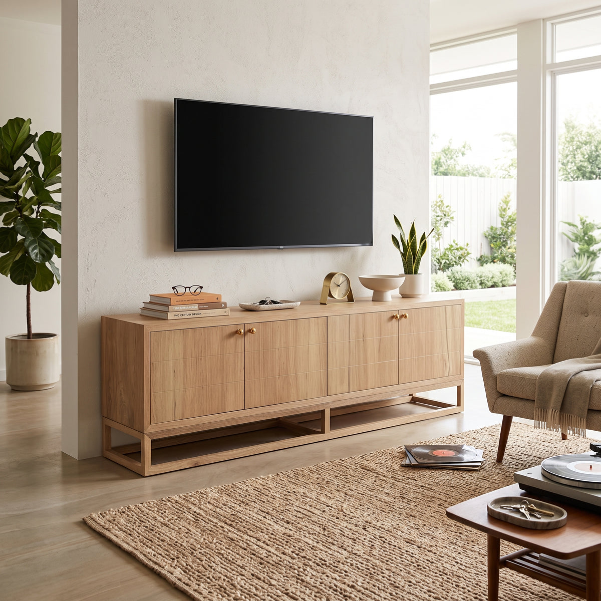 A light natural wood TV stand with four cabinet doors and open lower shelves, styled in a modern living room with a wall-mounted flat-screen TV, a beige armchair, a woven rug, and potted plants.