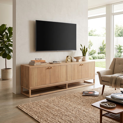 A light natural wood TV stand with four cabinet doors and open lower shelves, styled in a modern living room with a wall-mounted flat-screen TV, a beige armchair, a woven rug, and potted plants.