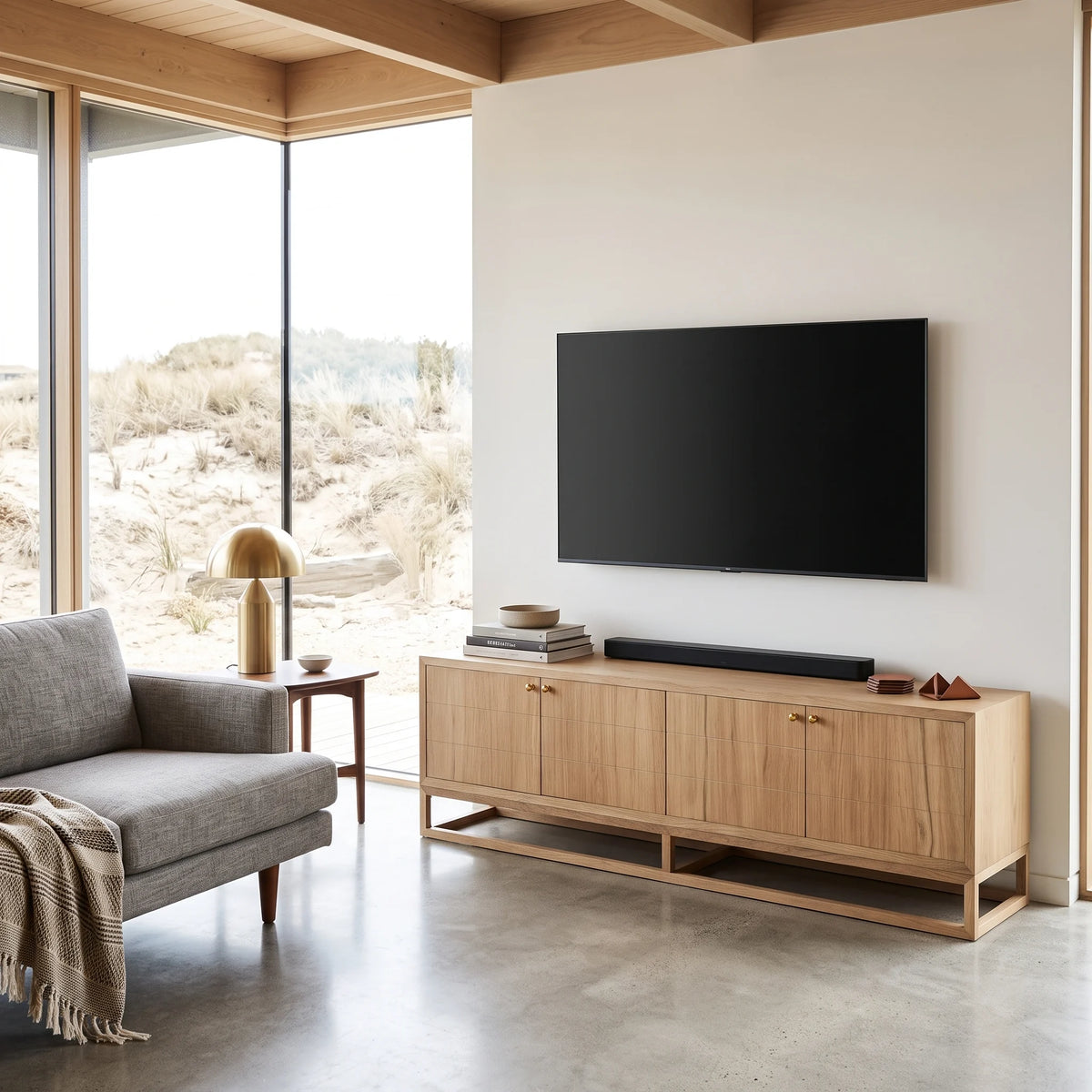 A modern mid-century style light oak wood media console with a floating shelf and cabinet doors, styled in a minimalist living room with a wall-mounted TV and soundbar.