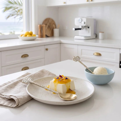 A styled kitchen scene showing a dessert dish on a speckled white plate with a gold spoon, next to a light blue bowl of ice cream, in a bright modern kitchen.