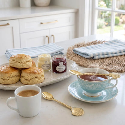 A styled breakfast scene on a kitchen counter with scones on a tray, two small jars of spread, a white mug of coffee, a blue teacup and saucer with gold detailing, gold spoons, and folded blue-and-white towels in a bright kitchen setting.