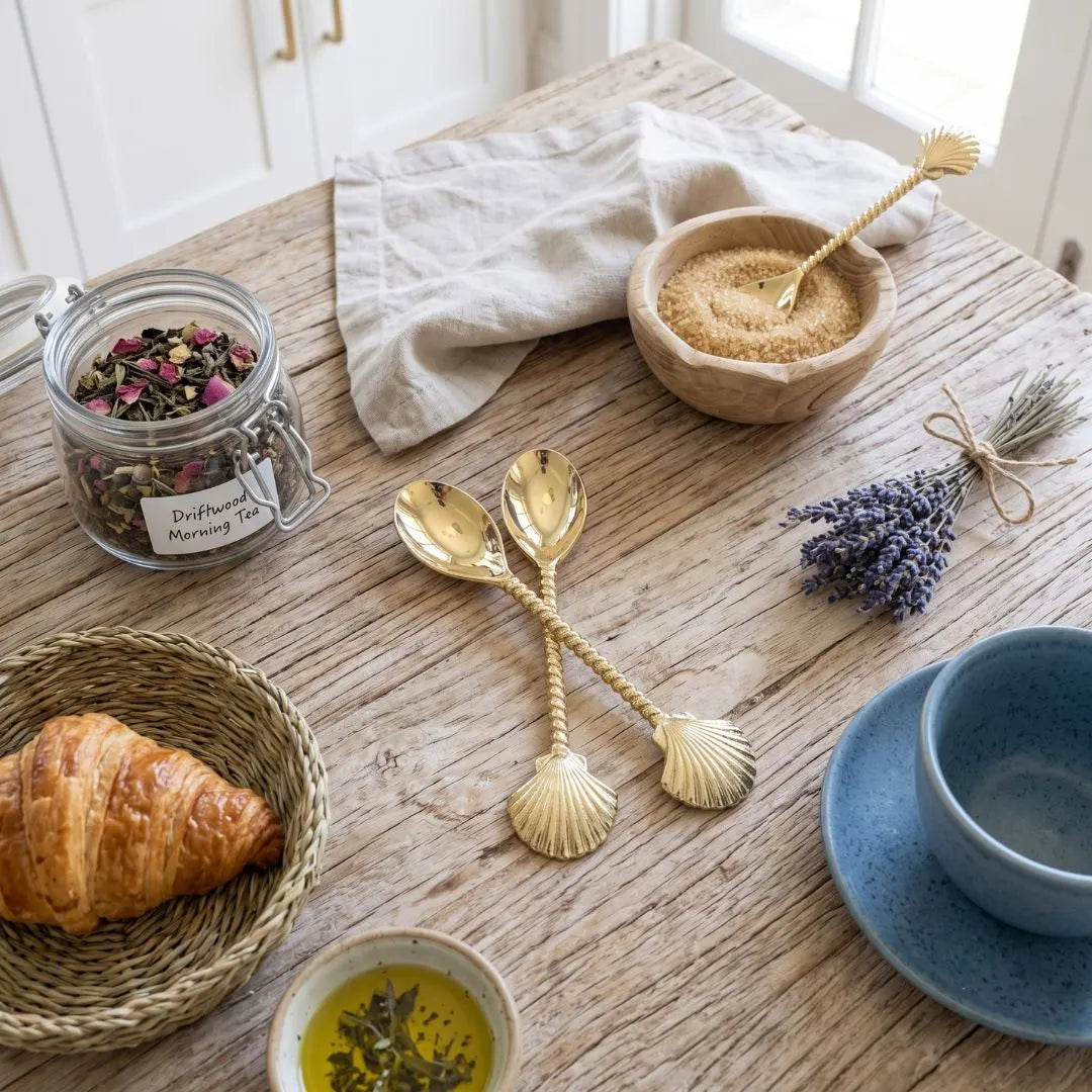 Two gold-toned shell-shaped spoons with twisted handles arranged on a rustic wooden table, surrounded by breakfast items including a croissant, tea jar, bread bowl, blue cup, and lavender sprigs.