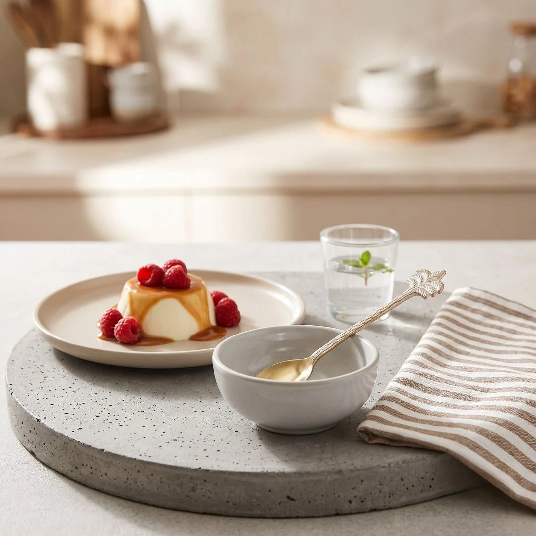 A styled tabletop scene with a round speckled gray serving platter holding a plate of flan topped with raspberries, a small gray bowl with a gold spoon, a striped beige-and-white napkin, and a glass of water in a softly lit kitchen setting.
