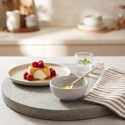 A styled tabletop scene with a round speckled gray serving platter holding a plate of flan topped with raspberries, a small gray bowl with a gold spoon, a striped beige-and-white napkin, and a glass of water in a softly lit kitchen setting.