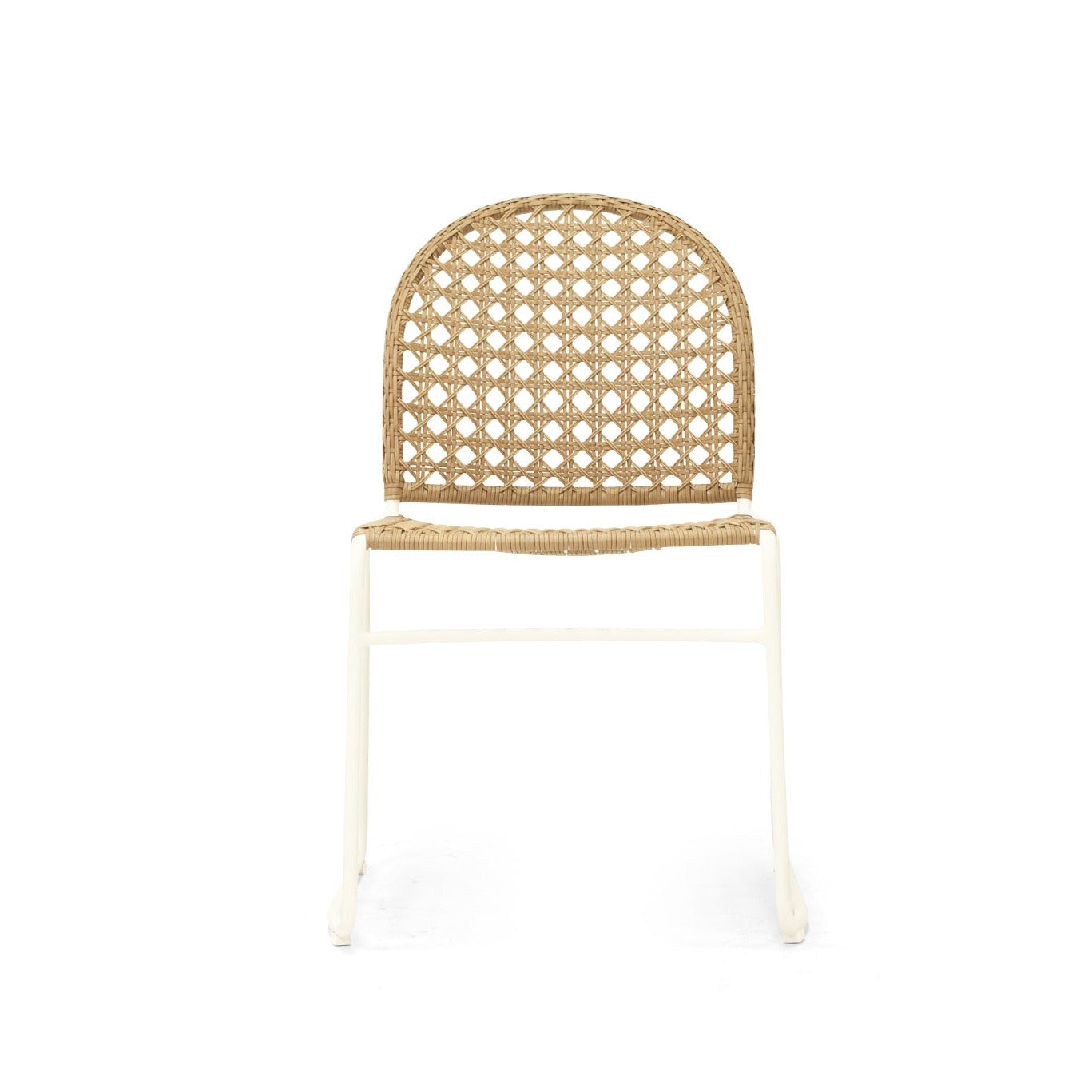 A modern dining chair featuring a natural woven cane backrest and seat on a white metal frame, shown against a plain white background.