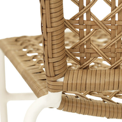 Close-up of a woven rattan or wicker chair back and seat with a white metal frame leg visible against a white background.