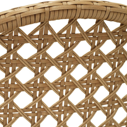 Close-up of a woven rattan chair back with a diamond lattice pattern and a curved top rim, shown against a white background.