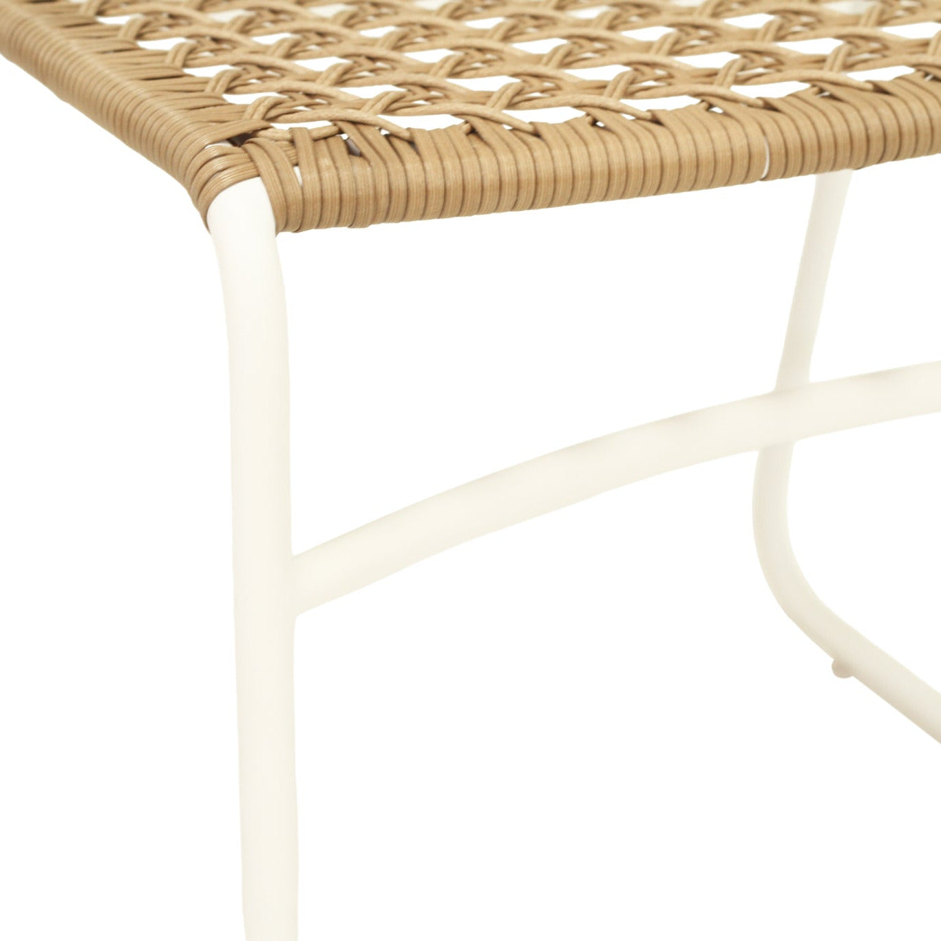 Close-up of an outdoor patio chair showing a woven natural rattan seat and backrest on a white metal frame, isolated on a white background.