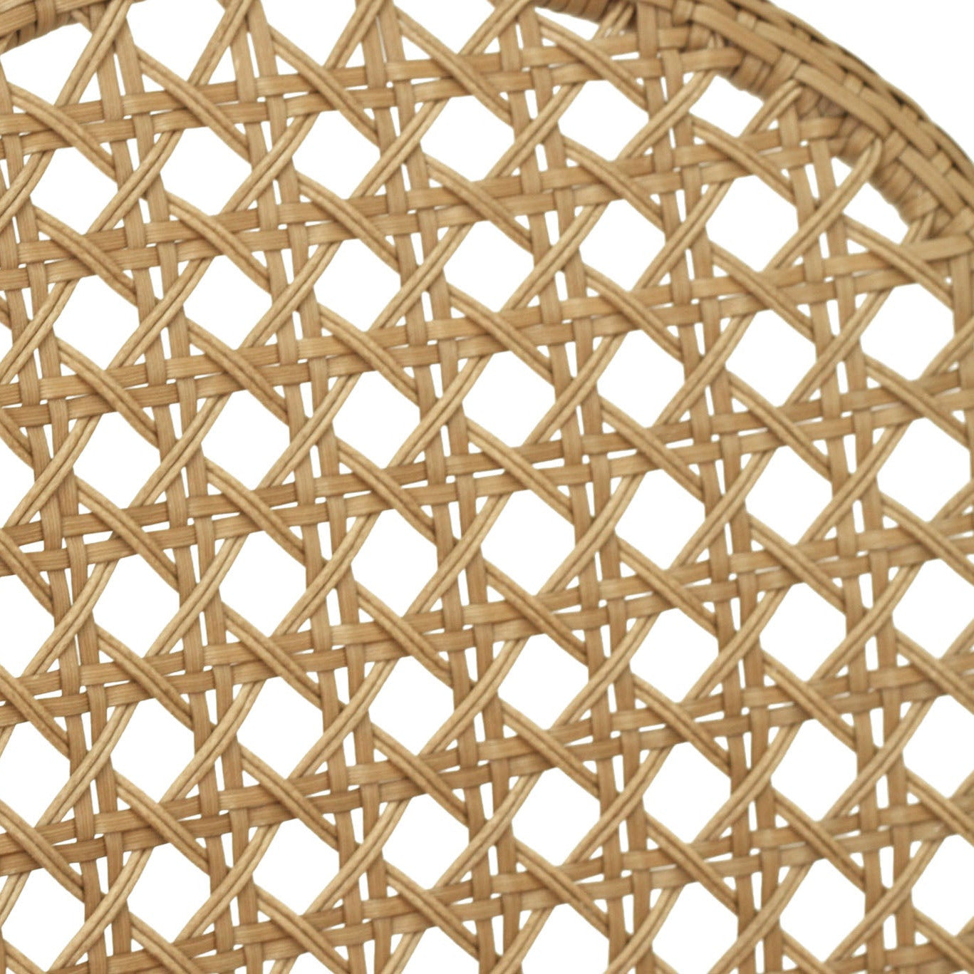 Close-up of a woven natural rattan or wicker chair back, showing the diamond lattice pattern and curved edge on a white background.