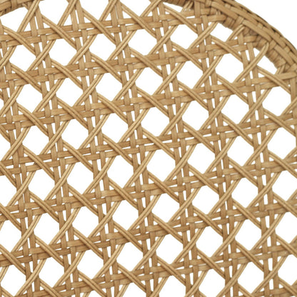 Close-up of a woven natural rattan or wicker chair back, showing the diamond lattice pattern and curved edge on a white background.