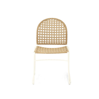 A classic outdoor dining chair with a natural woven cane seat and backrest, supported by a white metal frame, shown against a solid white background.