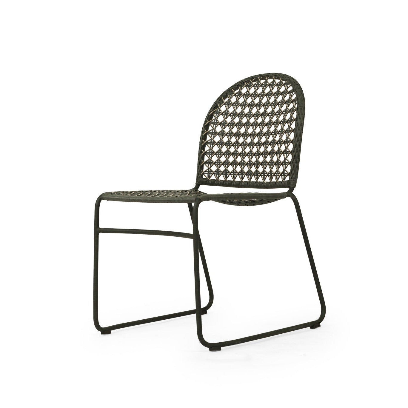 A modern black metal side chair with a woven seat and backrest, shown from a three-quarter angle on a solid white background.