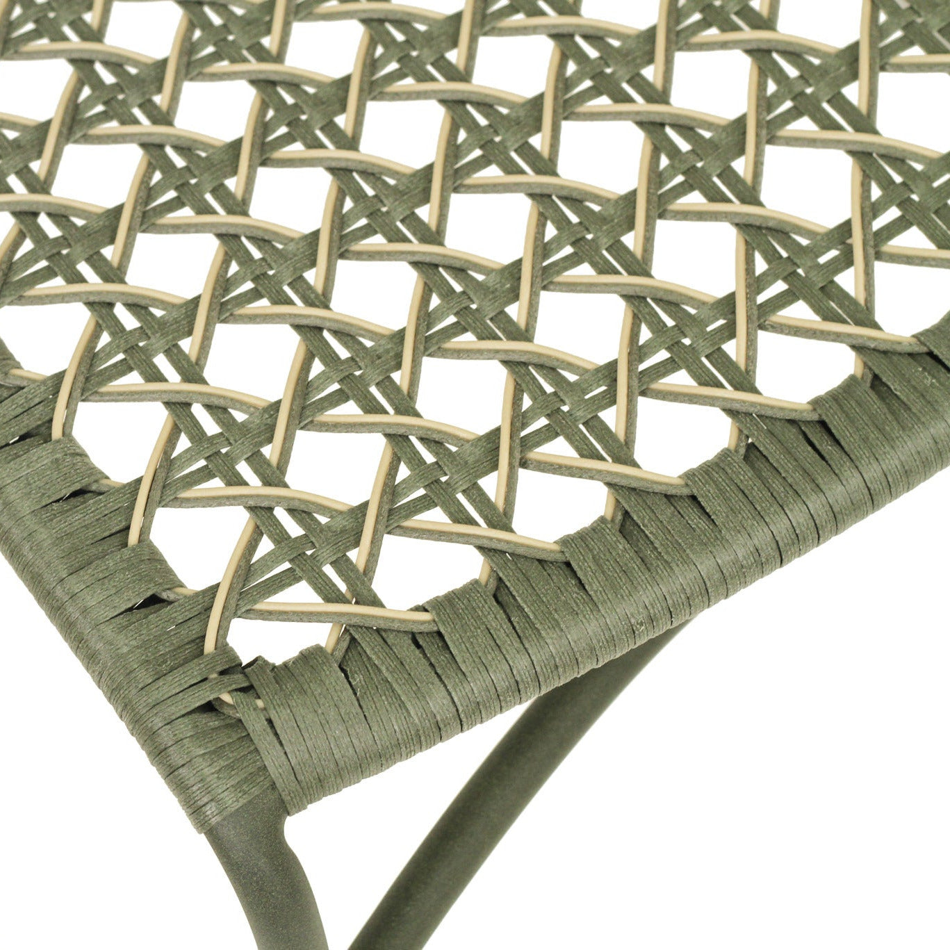 Close-up of a woven outdoor chair seat with a geometric pattern in sage green and beige, showing the thick woven slats and metal frame legs against a white background.