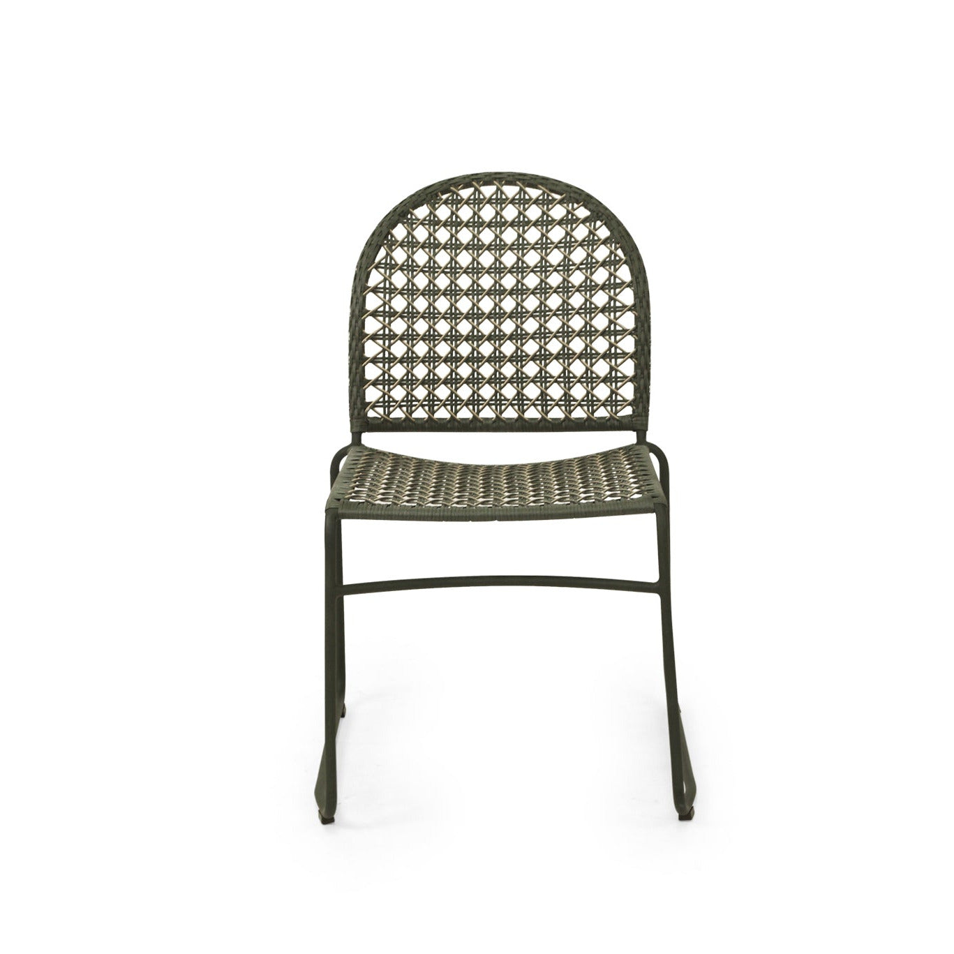 A single metal patio dining chair with a woven cane backrest and seat, shown against a plain white background.