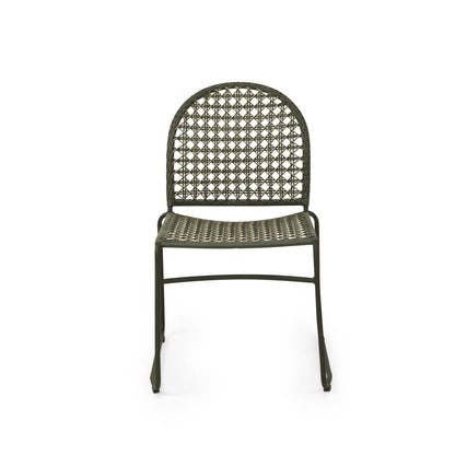 A single metal patio dining chair with a woven cane backrest and seat, shown against a plain white background.