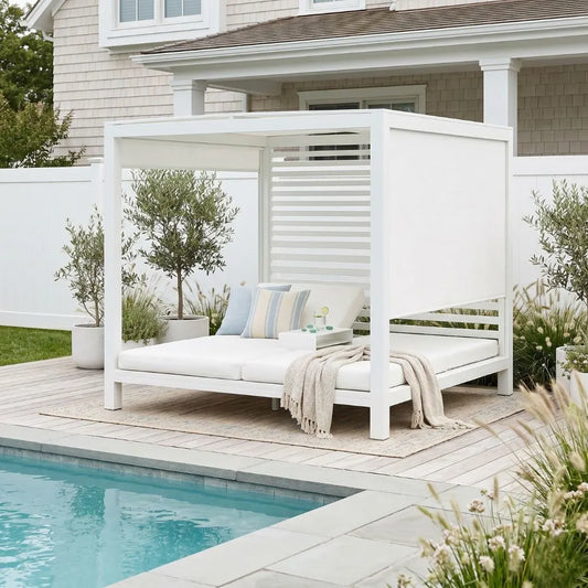 Sun Republic Hamilton Outdoor Double Daybed Cabana in Pearl White in a outdoor setting
