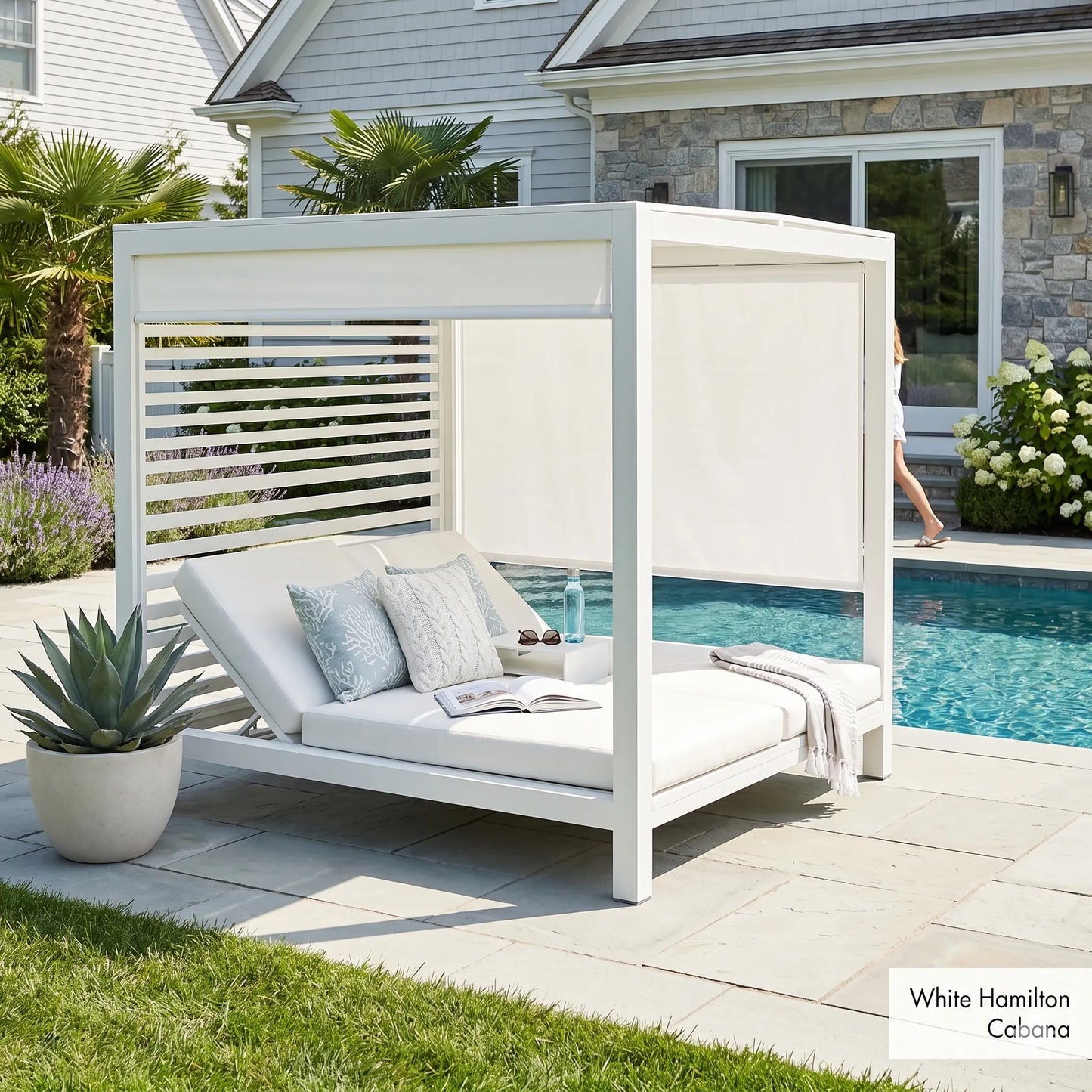 Sun Republic Hamilton Outdoor Double Daybed Cabana in Pearl White poolside in a outdoor setting