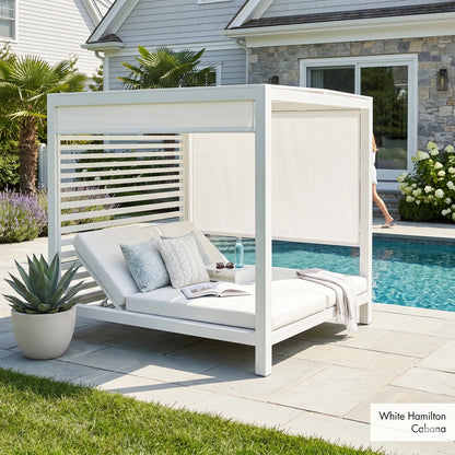 Sun Republic Hamilton Outdoor Double Daybed Cabana in Pearl White poolside in a outdoor setting