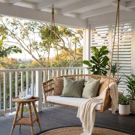 Wooden swing with cushions on a deck with plants and a view of trees.
