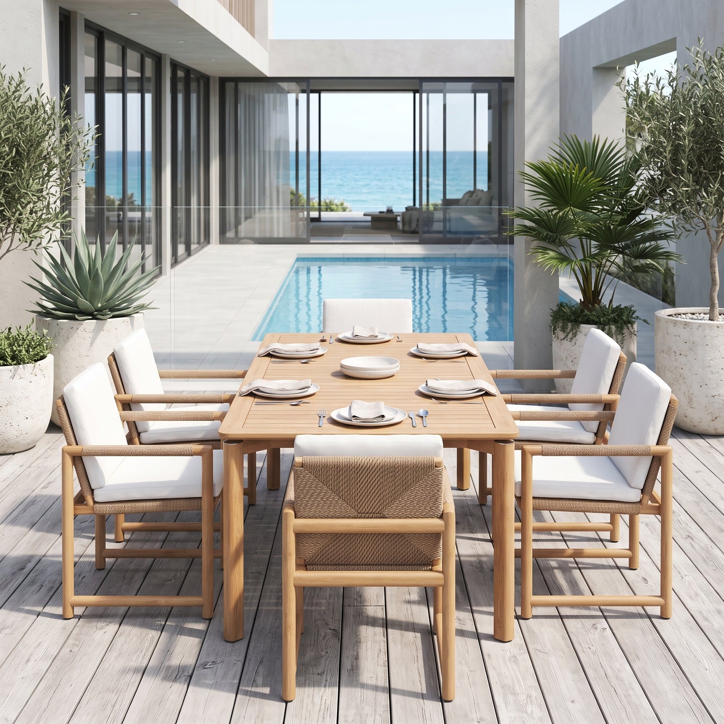 A 7-piece outdoor dining set on a light wood deck overlooking a swimming pool and ocean view. The set includes a rectangular light wood table with white plates and silver cutlery, surrounded by six matching armchairs with white cushions and light wood frames.