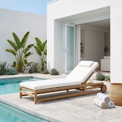 A modern outdoor chaise lounge with a light wood frame and white cushion sits beside a swimming pool on a tiled patio. The lounge is styled in a bright, minimalist villa setting with tropical plants, white walls, a woven basket, and rolled towels.