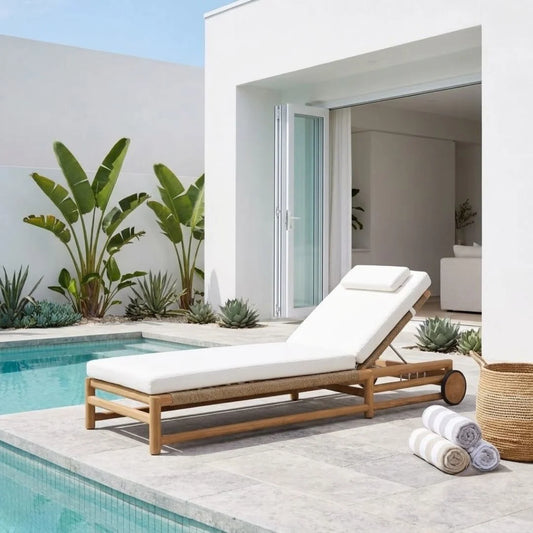 A modern outdoor chaise lounge with a light wood frame and white cushion sits beside a swimming pool on a tiled patio. The lounge is styled in a bright, minimalist villa setting with tropical plants, white walls, a woven basket, and rolled towels.