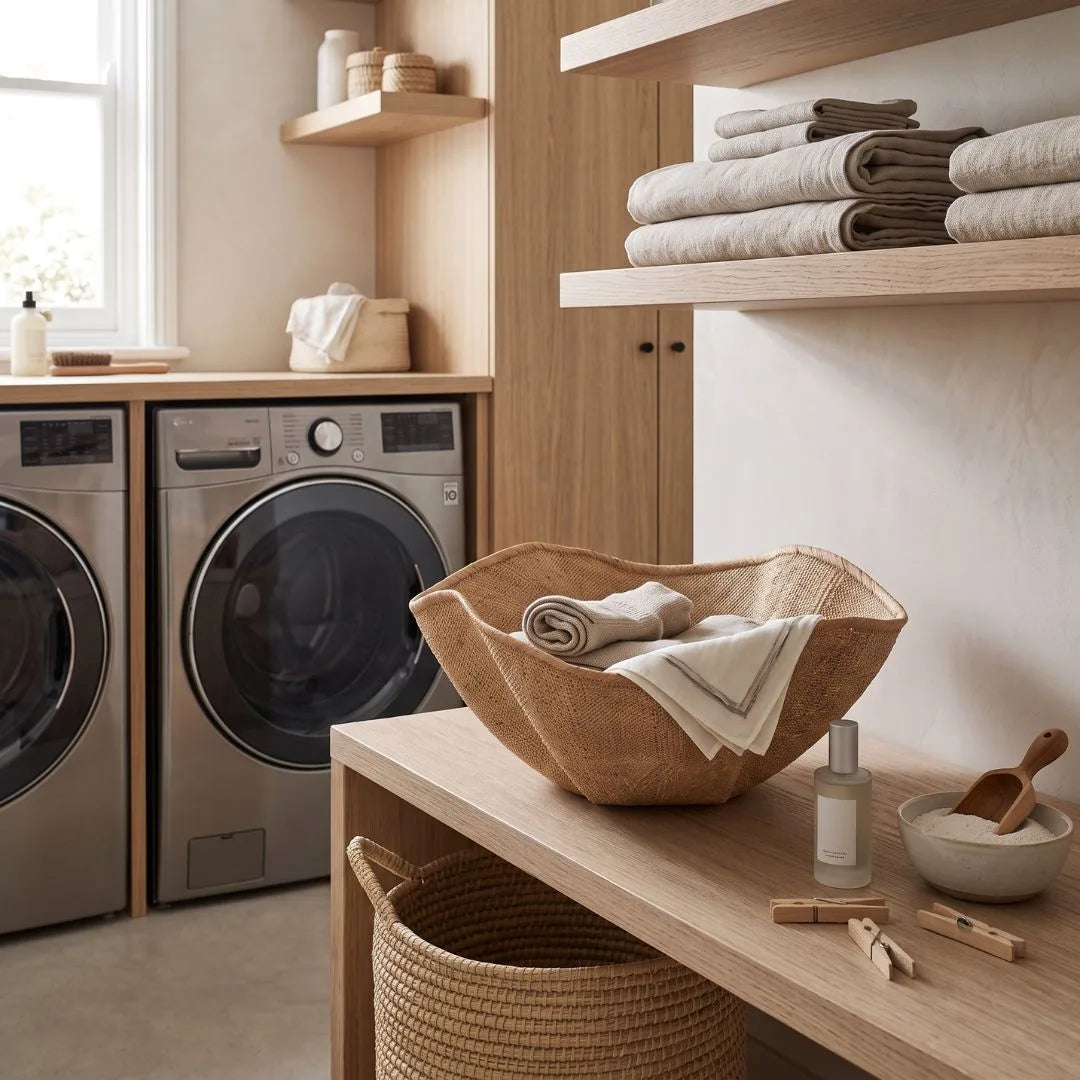 A styled laundry room scene with a woven natural-fiber basket holding folded towels on a wooden table, with a matching basket underneath, shelves of folded linens, and stainless steel washing machines in the background.