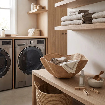 A styled laundry room scene with a woven natural-fiber basket holding folded towels on a wooden table, with a matching basket underneath, shelves of folded linens, and stainless steel washing machines in the background.