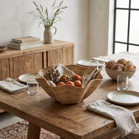 A woven natural-fiber bowl filled with fruit and dried flowers sits on a rustic wooden dining table set with plates, napkins, and glassware in a warm, sunlit room.