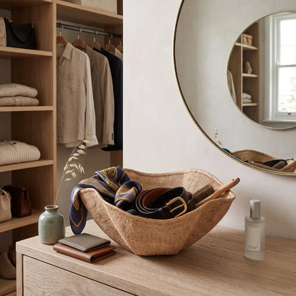 A woven natural-fiber bowl filled with belts and a patterned scarf sits on a light wood dresser in a styled closet area, with shelves, folded textiles, a round mirror, and a bottle nearby.
