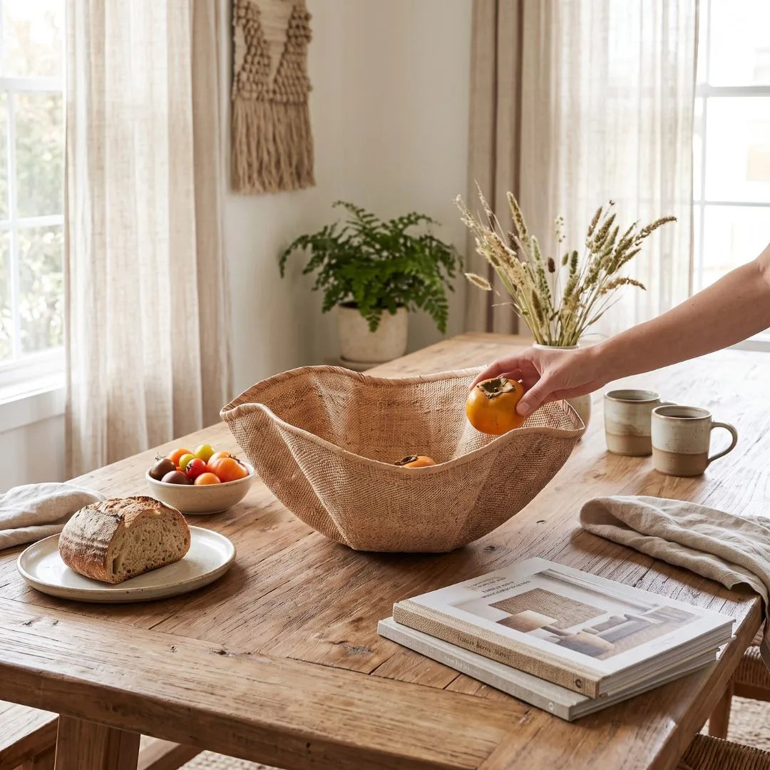 A large, scalloped-edge woven burlap bowl sits on a rustic wooden dining table in a bright, sunlit room. A person's hand is placing an orange into the bowl, which is styled with a loaf of bread, a bowl of fruit, ceramic mugs, and books.