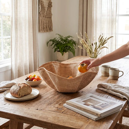 A large, scalloped-edge woven burlap bowl sits on a rustic wooden dining table in a bright, sunlit room. A person's hand is placing an orange into the bowl, which is styled with a loaf of bread, a bowl of fruit, ceramic mugs, and books.