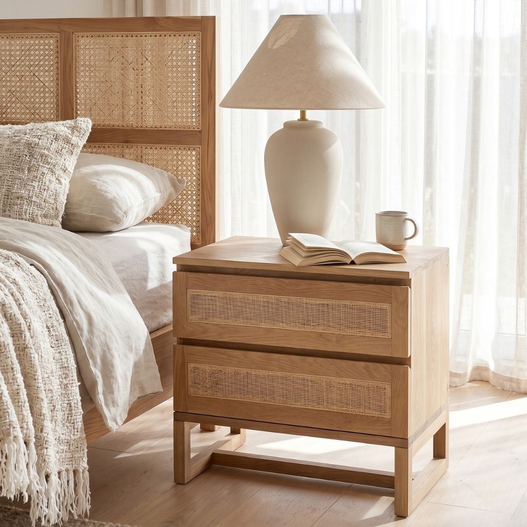 Close up of the Sun Republic Kiera nightstand in a modern coastal bedroom
