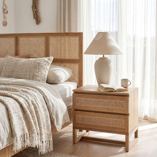 Sun Republic Kiera nightstand in a modern coastal bedroom
